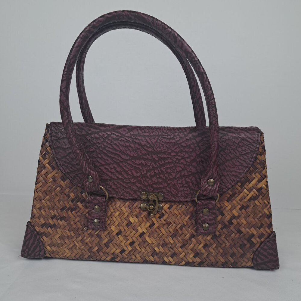 Vintage Straw and Faux Leather Purple Tan Bag